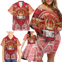 Tonga King's Birthday Family Matching Off Shoulder Short Dress and Hawaiian Shirt Gold Royal Crown Tribal Patterns