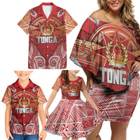 Tonga King's Birthday Family Matching Off Shoulder Short Dress and Hawaiian Shirt Gold Royal Crown Tribal Patterns DT05 - Polynesian Pride