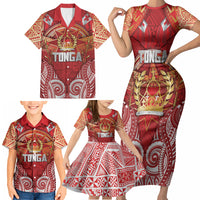 Tonga King's Birthday Family Matching Short Sleeve Bodycon Dress and Hawaiian Shirt Gold Royal Crown Tribal Patterns DT05 - Polynesian Pride
