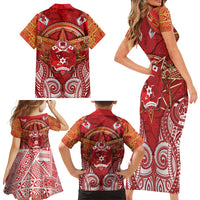 Tonga King's Birthday Family Matching Short Sleeve Bodycon Dress and Hawaiian Shirt Gold Royal Crown Tribal Patterns