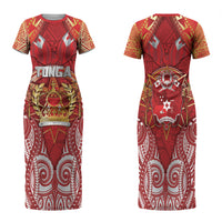 Tonga King's Birthday Family Matching Short Sleeve Bodycon Dress and Hawaiian Shirt Gold Royal Crown Tribal Patterns DT05 Mom's Dress Red - Polynesian Pride