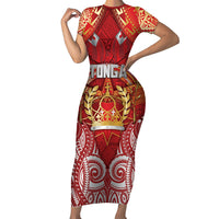 Tonga King's Birthday Family Matching Short Sleeve Bodycon Dress and Hawaiian Shirt Gold Royal Crown Tribal Patterns