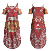 Tonga King's Birthday Family Matching Summer Maxi Dress and Hawaiian Shirt Gold Royal Crown Tribal Patterns DT05 Mom's Dress Red - Polynesian Pride
