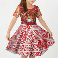 Tonga King's Birthday Kid Short Sleeve Dress Gold Royal Crown Tribal Patterns DT05 KID Red - Polynesian Pride
