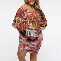 Tonga King's Birthday Off Shoulder Short Dress Gold Royal Crown Tribal Patterns DT05 Women Red - Polynesian Pride