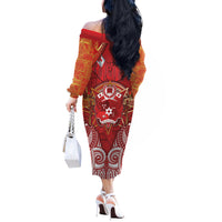 Tonga King's Birthday Off The Shoulder Long Sleeve Dress Gold Royal Crown Tribal Patterns