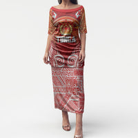 Tonga King's Birthday Puletasi Gold Royal Crown Tribal Patterns DT05 Long Dress Red - Polynesian Pride