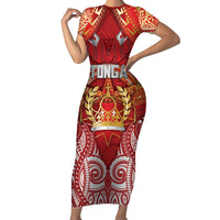 Tonga King's Birthday Short Sleeve Bodycon Dress Gold Royal Crown Tribal Patterns