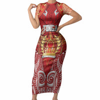 Tonga King's Birthday Short Sleeve Bodycon Dress Gold Royal Crown Tribal Patterns DT05 Long Dress Red - Polynesian Pride