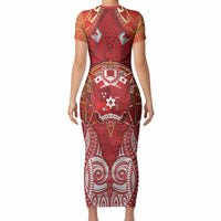 Tonga King's Birthday Short Sleeve Bodycon Dress Gold Royal Crown Tribal Patterns DT05 - Polynesian Pride