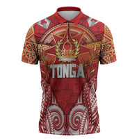 Tonga King's Birthday Zipper Polo Shirt Gold Royal Crown Tribal Patterns DT05 Red - Polynesian Pride