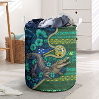 Solomon Islands Independence Day Laundry Basket Crocodile Hibiscus Tribal Pattern