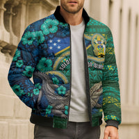 Personalised Solomon Islands Independence Day Bomber Puffer Jacket Crocodile Hibiscus Tribal Pattern