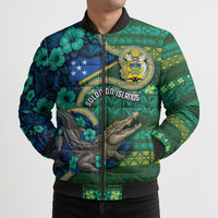 Personalised Solomon Islands Independence Day Bomber Puffer Jacket Crocodile Hibiscus Tribal Pattern