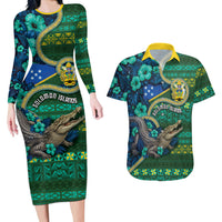 Personalised Solomon Islands Independence Day Couples Matching Long Sleeve Bodycon Dress and Hawaiian Shirt Crocodile Hibiscus Tribal Pattern