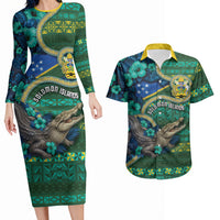 Personalised Solomon Islands Independence Day Couples Matching Long Sleeve Bodycon Dress and Hawaiian Shirt Crocodile Hibiscus Tribal Pattern DT05 Green - Polynesian Pride