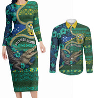 Personalised Solomon Islands Independence Day Couples Matching Long Sleeve Bodycon Dress and Long Sleeve Button Shirt Crocodile Hibiscus Tribal Pattern DT05 Green - Polynesian Pride