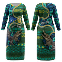 Personalised Solomon Islands Independence Day Couples Matching Long Sleeve Bodycon Dress and Long Sleeve Button Shirt Crocodile Hibiscus Tribal Pattern DT05 - Polynesian Pride