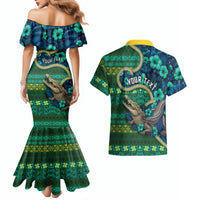 Personalised Solomon Islands Independence Day Couples Matching Mermaid Dress and Hawaiian Shirt Crocodile Hibiscus Tribal Pattern