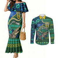 Personalised Solomon Islands Independence Day Couples Matching Mermaid Dress and Long Sleeve Button Shirt Crocodile Hibiscus Tribal Pattern DT05 Green - Polynesian Pride