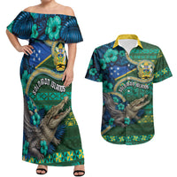 Personalised Solomon Islands Independence Day Couples Matching Off Shoulder Maxi Dress and Hawaiian Shirt Crocodile Hibiscus Tribal Pattern DT05 Green - Polynesian Pride