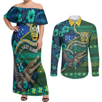 Personalised Solomon Islands Independence Day Couples Matching Off Shoulder Maxi Dress and Long Sleeve Button Shirt Crocodile Hibiscus Tribal Pattern DT05 Green - Polynesian Pride