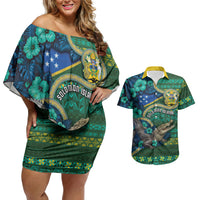 Personalised Solomon Islands Independence Day Couples Matching Off Shoulder Short Dress and Hawaiian Shirt Crocodile Hibiscus Tribal Pattern DT05 Green - Polynesian Pride
