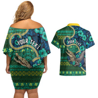 Personalised Solomon Islands Independence Day Couples Matching Off Shoulder Short Dress and Hawaiian Shirt Crocodile Hibiscus Tribal Pattern