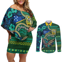 Personalised Solomon Islands Independence Day Couples Matching Off Shoulder Short Dress and Long Sleeve Button Shirt Crocodile Hibiscus Tribal Pattern