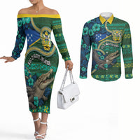 Personalised Solomon Islands Independence Day Couples Matching Off The Shoulder Long Sleeve Dress and Long Sleeve Button Shirt Crocodile Hibiscus Tribal Pattern DT05 Green - Polynesian Pride