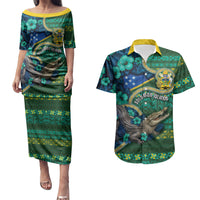Personalised Solomon Islands Independence Day Couples Matching Puletasi and Hawaiian Shirt Crocodile Hibiscus Tribal Pattern DT05 Green - Polynesian Pride