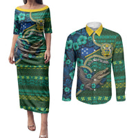 Personalised Solomon Islands Independence Day Couples Matching Puletasi and Long Sleeve Button Shirt Crocodile Hibiscus Tribal Pattern DT05 Green - Polynesian Pride