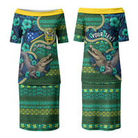 Personalised Solomon Islands Independence Day Couples Matching Puletasi and Long Sleeve Button Shirt Crocodile Hibiscus Tribal Pattern DT05 - Polynesian Pride