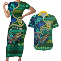 Personalised Solomon Islands Independence Day Couples Matching Short Sleeve Bodycon Dress and Hawaiian Shirt Crocodile Hibiscus Tribal Pattern