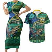Personalised Solomon Islands Independence Day Couples Matching Short Sleeve Bodycon Dress and Hawaiian Shirt Crocodile Hibiscus Tribal Pattern DT05 Green - Polynesian Pride