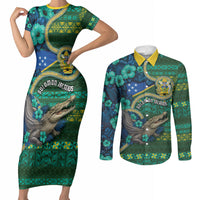 Personalised Solomon Islands Independence Day Couples Matching Short Sleeve Bodycon Dress and Long Sleeve Button Shirt Crocodile Hibiscus Tribal Pattern DT05 Green - Polynesian Pride
