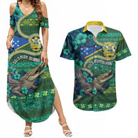 Personalised Solomon Islands Independence Day Couples Matching Summer Maxi Dress and Hawaiian Shirt Crocodile Hibiscus Tribal Pattern DT05 Green - Polynesian Pride