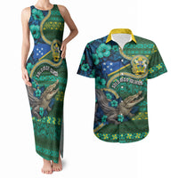 Personalised Solomon Islands Independence Day Couples Matching Tank Maxi Dress and Hawaiian Shirt Crocodile Hibiscus Tribal Pattern DT05 Green - Polynesian Pride
