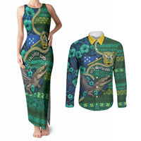 Personalised Solomon Islands Independence Day Couples Matching Tank Maxi Dress and Long Sleeve Button Shirt Crocodile Hibiscus Tribal Pattern DT05 Green - Polynesian Pride