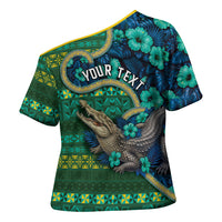 Personalised Solomon Islands Independence Day Cross Shoulder Shirt Crocodile Hibiscus Tribal Pattern