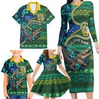 Personalised Solomon Islands Independence Day Family Matching Long Sleeve Bodycon Dress and Hawaiian Shirt Crocodile Hibiscus Tribal Pattern DT05 - Polynesian Pride
