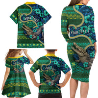 Personalised Solomon Islands Independence Day Family Matching Long Sleeve Bodycon Dress and Hawaiian Shirt Crocodile Hibiscus Tribal Pattern