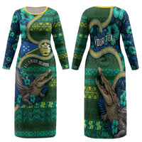 Personalised Solomon Islands Independence Day Family Matching Long Sleeve Bodycon Dress and Hawaiian Shirt Crocodile Hibiscus Tribal Pattern DT05 Mom's Dress Green - Polynesian Pride