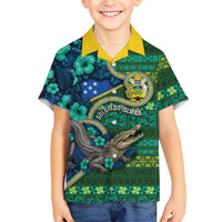 Personalised Solomon Islands Independence Day Family Matching Long Sleeve Bodycon Dress and Hawaiian Shirt Crocodile Hibiscus Tribal Pattern