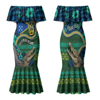 Personalised Solomon Islands Independence Day Family Matching Mermaid Dress and Hawaiian Shirt Crocodile Hibiscus Tribal Pattern DT05 Mom's Dress Green - Polynesian Pride