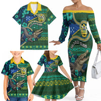Personalised Solomon Islands Independence Day Family Matching Off The Shoulder Long Sleeve Dress and Hawaiian Shirt Crocodile Hibiscus Tribal Pattern DT05 - Polynesian Pride