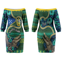 Personalised Solomon Islands Independence Day Family Matching Off The Shoulder Long Sleeve Dress and Hawaiian Shirt Crocodile Hibiscus Tribal Pattern DT05 Mom's Dress Green - Polynesian Pride