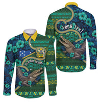 Personalised Solomon Islands Independence Day Family Matching Off The Shoulder Long Sleeve Dress and Hawaiian Shirt Crocodile Hibiscus Tribal Pattern DT05 Dad's Shirt - Long Sleeve Green - Polynesian Pride