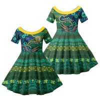 Personalised Solomon Islands Independence Day Family Matching Off The Shoulder Long Sleeve Dress and Hawaiian Shirt Crocodile Hibiscus Tribal Pattern DT05 Daughter's Dress Green - Polynesian Pride