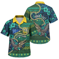 Personalised Solomon Islands Independence Day Family Matching Off The Shoulder Long Sleeve Dress and Hawaiian Shirt Crocodile Hibiscus Tribal Pattern DT05 Son's Shirt Green - Polynesian Pride